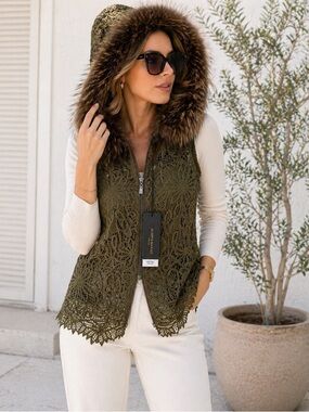 Alberto Makali Lace Hooded Vest Fox Fur Trim Olive NWT Size S Boho Luxe